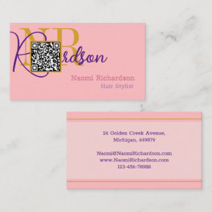 Carte De Visite Rose & Or personnalisé, Code QR, Monogramme / Femm