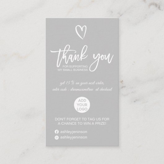 Carte De Visite Rose or script coeur gris logo commander merci (Devant)