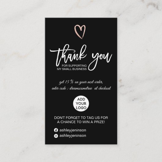 Carte De Visite Rose or script coeur noir logo commander merci (Devant)