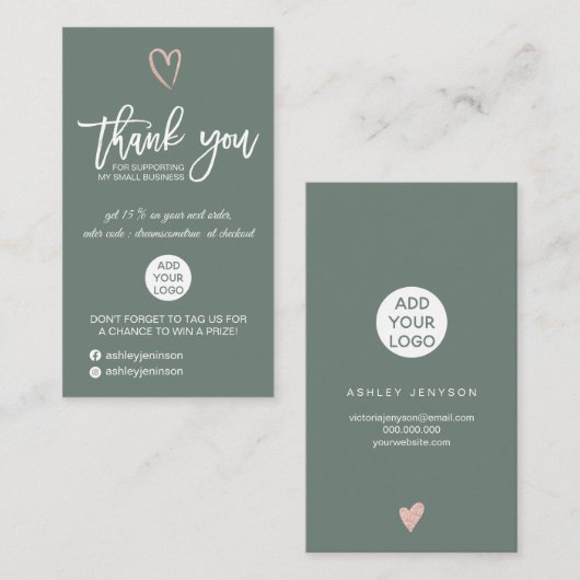 Carte De Visite Rose or script coeur vert logo commander merci (Devant / Derrière)