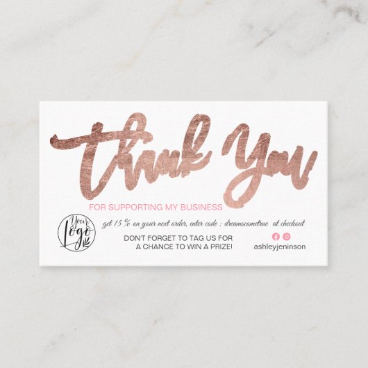 Carte De Visite Rose or script photo logo commander merci (Devant)