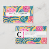 Carte De Visite Rose Orange Fleurs Feuille Aquarelle Monogramme (Devant / Derrière)