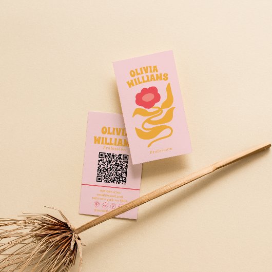 Carte De Visite Rose orange rétro boho code QR floral girly groovy
