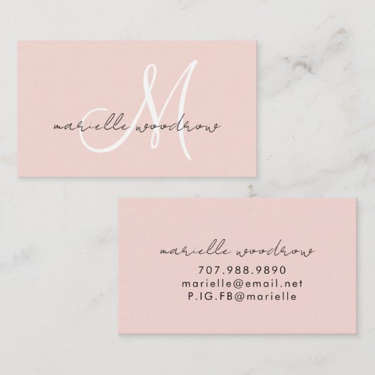 Carte de visite rose pâle à monogramme script mini (Devant / Derrière)