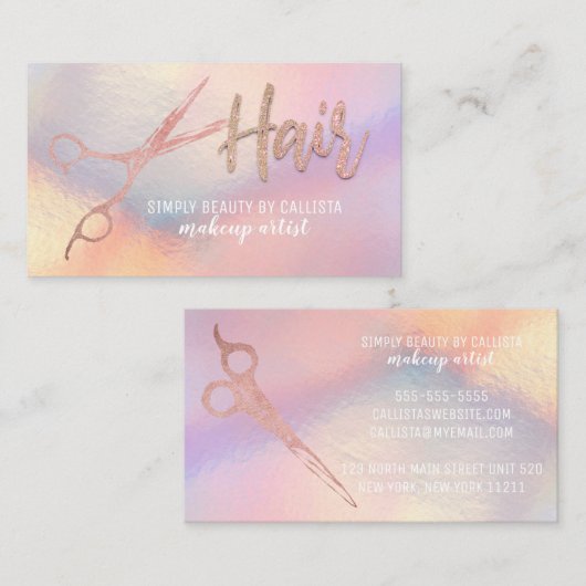 Carte De Visite Rose Parties scintillant or Ciseaux Iridescente Li (Devant / Derrière)