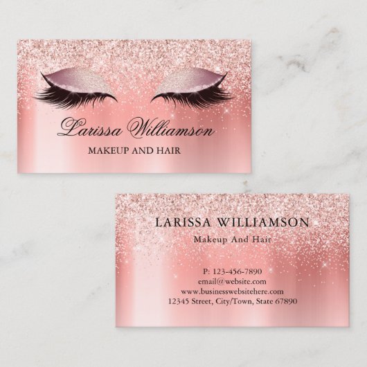 Carte De Visite Rose Parties scintillant or Eyelash Extensions Maq (Devant / Derrière)