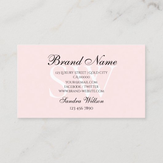 Carte De Visite Rose pastel simple blanc et clair avec monogramme (Dos)