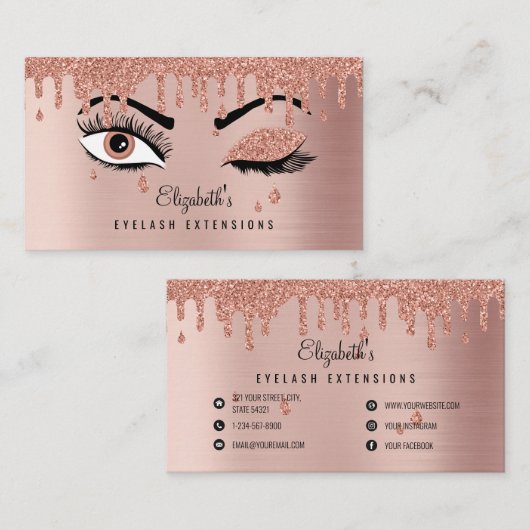 Carte De Visite Rose Pink Gold Eyelashes Dripping Glitter (Devant / Derrière)