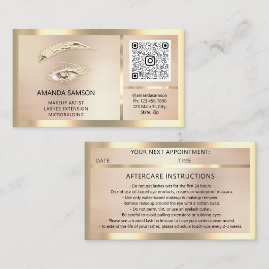 Carte De Visite Rose post-traitement Eyelash Microblade QRCODE enc (Devant / Derrière)