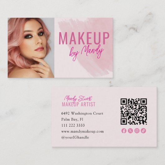 Carte de visite rose pour maquilleuse avec QR code (Devant / Derrière)