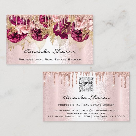 Carte De Visite Rose professionnel flush Flowers Drip QRCODE Logo (Devant / Derrière)
