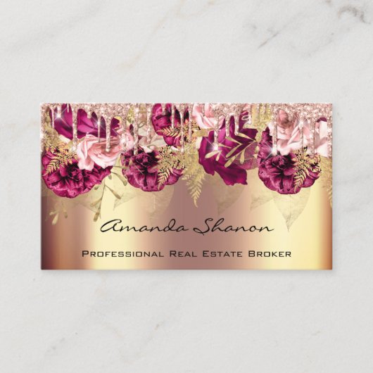 Carte De Visite Rose professionnel Gold Flowers Drip QRCODE Logo (Devant)