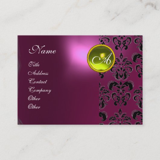 Carte De Visite ROSE PURPLE DAMASK JAUNE TOPAZ MONOGRAM, fuchsia (Devant)
