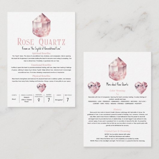 Carte De Visite Rose Quartz rose cristal Signification métaphysiqu (Devant / Derrière)