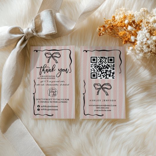 Carte De Visite Rose Rétro beige Ruban Logo QR Merci Commande