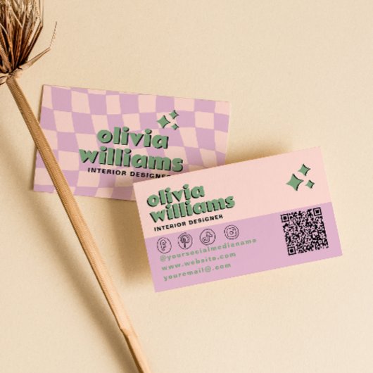 Carte De Visite Rose Rétro Vert Code QR Groovy À Carreaux Branché