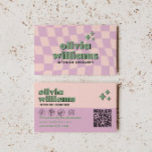 Carte De Visite Rose Rétro Vert Code QR Groovy À Carreaux Branché
