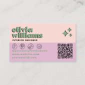 Carte De Visite Rose Rétro Vert Code QR Groovy À Carreaux Branché (Dos)