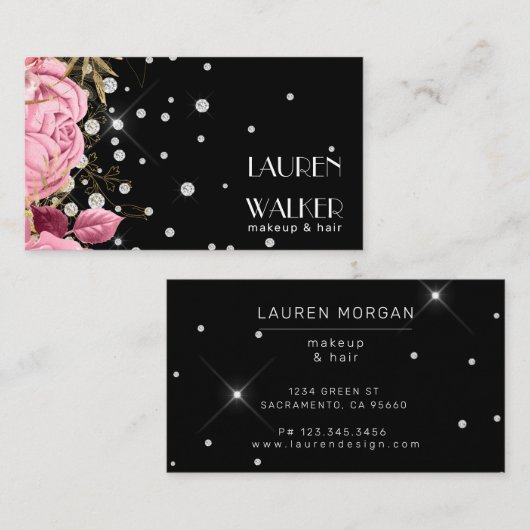 Carte De Visite rose roses diamants élégant esthéticienne (Devant / Derrière)