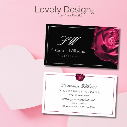 Carte De Visite Rose rouge noir et blanc classique avec initiales