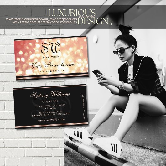 Carte De Visite Rose Rouge or Parties scintillant Monogramme Éléga