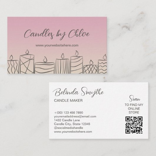 Carte De Visite Rose & Tan Scribbled Candles Candle Maker QR Code (Devant / Derrière)