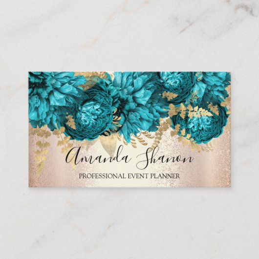 Carte De Visite Rose turquoise Gold Flowers Logo Planificateur d'é (Devant)
