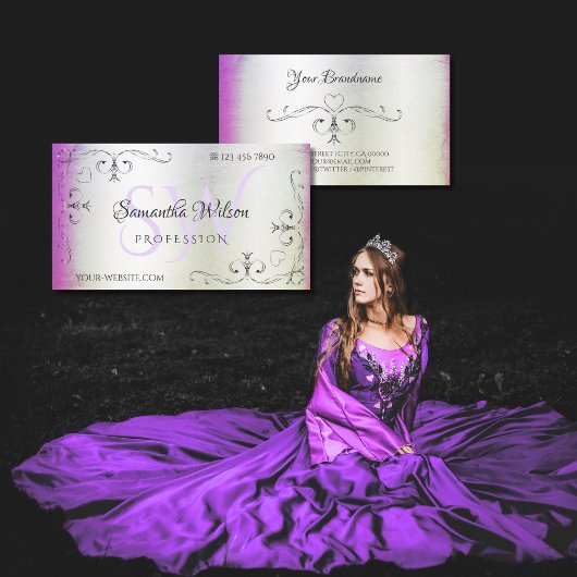 Carte De Visite Rose violet Shimmer Argent Coins Ornés Initiales