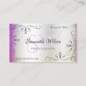 Carte De Visite Rose violet Shimmer Argent Coins Ornés Initiales (Devant)