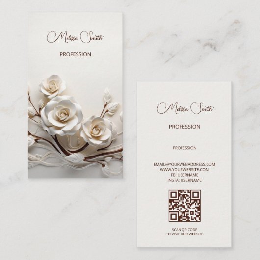 Carte De Visite Roses 3D Blanches Élégantes (Devant / Derrière)