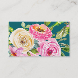 Carte De Visite Roses aquarelles en rose et crème sur sarcelle