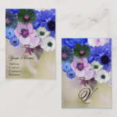 CARTE DE VISITE ROSES BLANCHES BLEUES ET FLEURS ANÉMONE MONOGRAMME (Devant / Derrière)