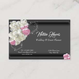 Carte De Visite Roses blanches wedding planners Coeurs roses Étinc