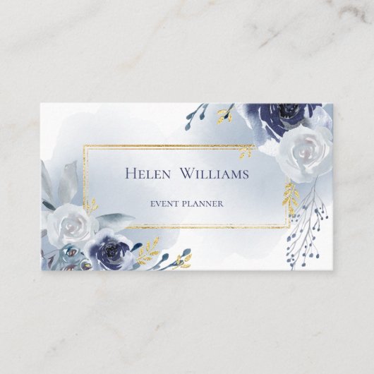 Carte De Visite roses d'aquarelle bleu poussiéreux (Devant)