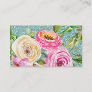 Carte De Visite Roses d'aquarelle en Parties scintillant Aqua rose