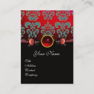 CARTE DE VISITE ROSES DE CORAIL ROUGE, AQUA BLUE BLACK DAMASK MONO