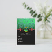 CARTE DE VISITE ROSES DE CORAIL ROUGE, NOIR BLEU VERT MONOGRAMME (Debout devant)
