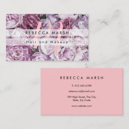 Carte De Visite Roses de pivoine rose Script Monogramme (Devant / Derrière)