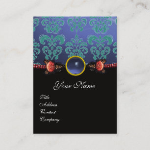 CARTE DE VISITE ROSES EN CORAIL ROUGE, DAMAS NOIR BLEU AQUA MONOGR