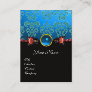 CARTE DE VISITE ROSES EN CORAIL ROUGE, DAMAS NOIR BLEU AQUA MONOGR
