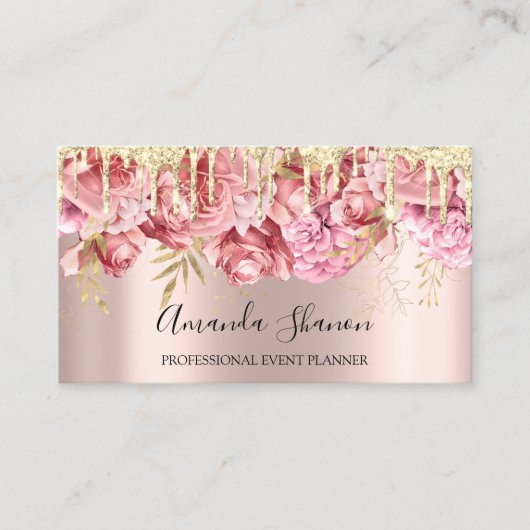 Carte De Visite Roses roses Fleurs Douille d'or QR CODE Logo (Devant)