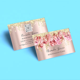 Carte De Visite Roses roses Fleurs Douille d'or QR CODE Logo