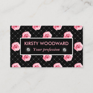 Carte De Visite Roses roses légères sur fond à motif diamant noir