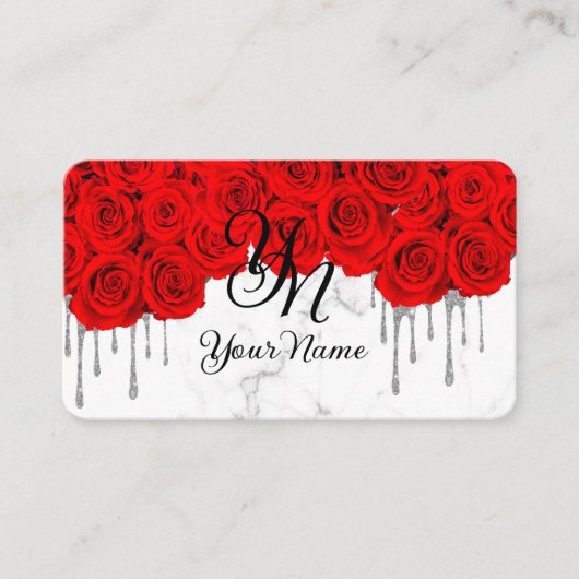 Carte De Visite Roses Rouges Marbre Initiale (Devant)