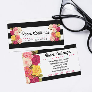 Carte De Visite Roses sur Moderne Black & White Stripes Chic Flori