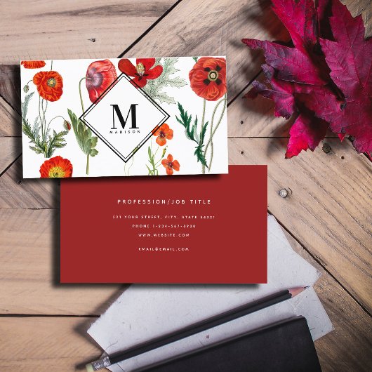 Carte De Visite Rouge Aquarelle Poppies Florales Professionnel