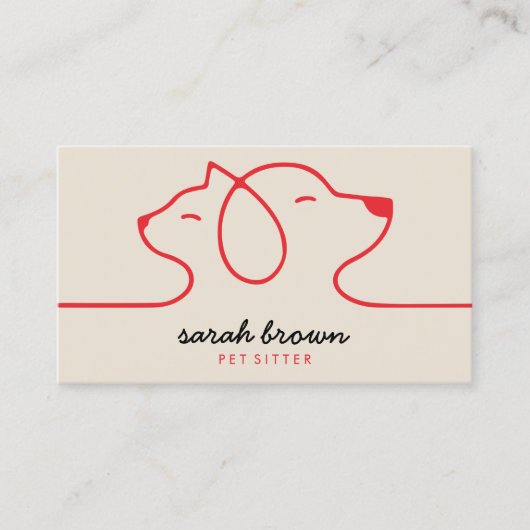 Carte De Visite Rouge Beige Linear Logo Chien Chat Animal (Devant)