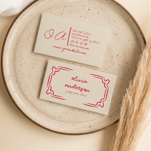 Carte De Visite Rouge Beige Rétro, manuscrit tiré Unique Girly