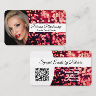 Carte De Visite Rouge Bokeh Attrayant Photo & Code QR Personnalisé