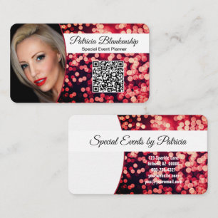 Carte De Visite Rouge Bokeh Attrayant Photo & Code QR Personnalisé
